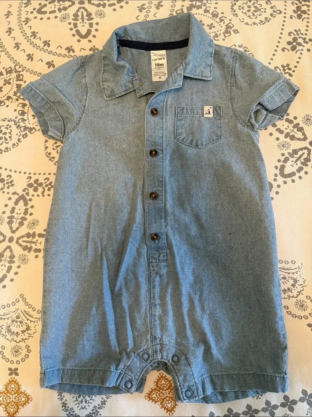 Carter's Denim Print Romper & Teal Dino-Print Short Romper